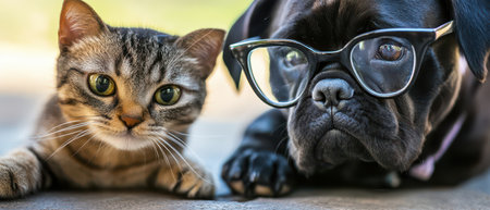 A pug wearing glasses sits next to a curious tabby cat in a bright green park setting creating a...