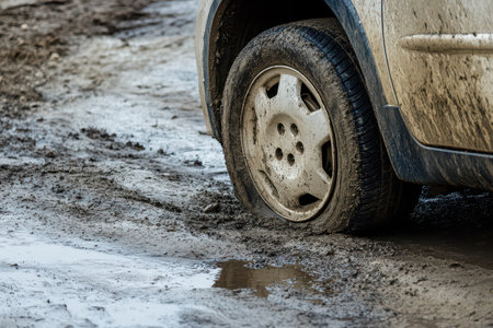 Vehicle wheel trapped in muddy ground after heavy rain showing dirt and water puddles indicating...