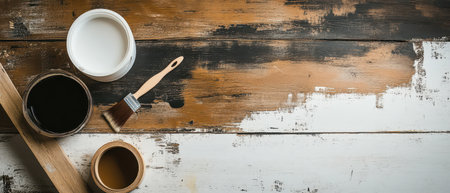 Containers of paint and brushes are arranged on a weathered wooden table ready for a home...