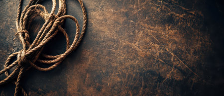 Jute rope is casually coiled on a worn wooden table surface with an organic texture creating a...