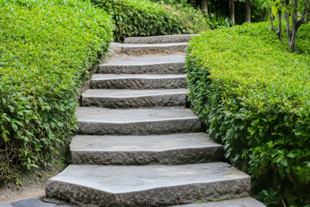 Natural stone steps meander through vibrant green bushes in a peaceful garden setting inviting...