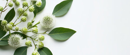 A close up view of a eucalyptus branch featuring green buds and white spiky flowers arranged elegantly on a light background.の素材