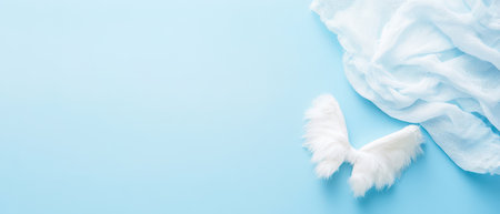 Delicate white wings rest next to light fabric on a serene blue background creating an ethereal dreamlike aesthetic suitable for creative projects.の素材
