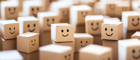 Small boxes with smiling faces fill the surface creating a playful and inviting atmosphere in a light filled space.の素材