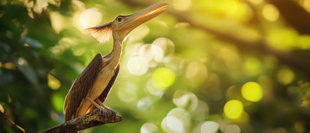 A rare bird with distinct features sits on a tree branch basking in warm golden sunlight while surrounded by lush greenery.の素材