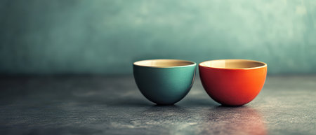 Two decorative bowls in teal and orange sit side by side on a textured surface illuminated by soft natural light creating a warm atmosphere.の素材