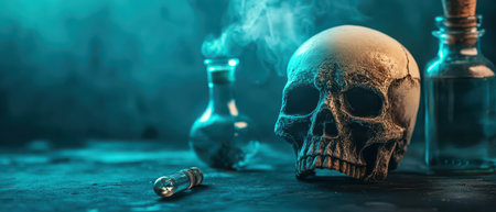 A skull sits beside glass flasks emitting vapor in a dimly lit laboratory. The atmosphere suggests experimentation or alchemy.の素材