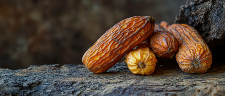 Orange seeds with a textured surface are arranged on a piece of weathered wood showcasing their natural beauty and vibrant colors.の素材
