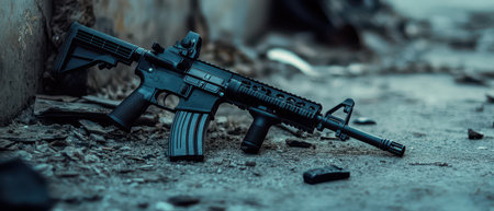 A black rifle is placed on the ground among debris in a dilapidated location suggesting a recent encounter or conflict.の素材