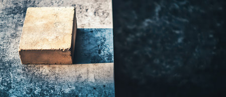 A concrete block rests on a textured surface casting a shadow. The mix of materials highlights the contrast between light and dark elements.の素材