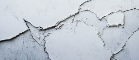 Weathered and cracked white plaster reveals texture on a wall reflecting years of wear and environmental influence. The uneven surface tells a story.の素材