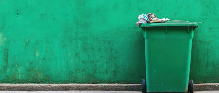 A green trash bin is placed beside a bright green wall covered in texture with some discarded cloth resting on top of it.の素材