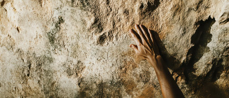 A hand reaches out to grasp the textured rough surface of a rock wall indicating climbing activity outdoors in natural surroundings.の素材