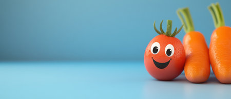 A cheerful tomato with a smiling face stands next to three fresh carrots on a bright blue surface showcasing fresh vegetables.の素材