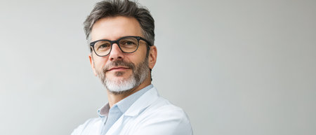 A middle aged man with glasses and a beard stands with crossed arms displaying confidence in a modern indoor setting.の素材