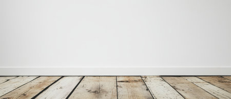 A spacious room features a rustic wooden floor alongside a plain white wall creating a simple and bright atmosphere for various uses.の素材