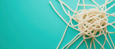 A tangle of uncooked noodles against a vibrant turquoise background creates a striking visual contrast.の素材