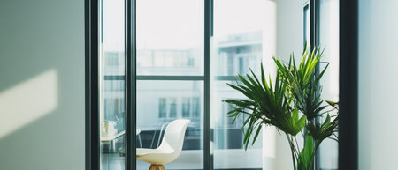 Bright office area featuring large windows a stylish chair and a vibrant indoor plant. Sunlight floods the inviting workspace.の素材