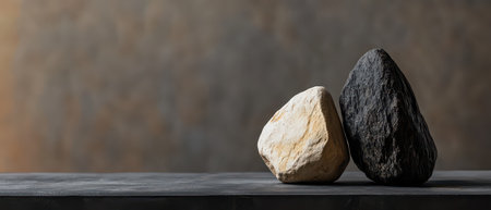 Two rocks one light and one dark are positioned closely together on a wooden table against a softly blurred background.の素材