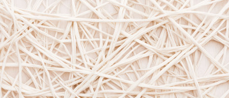 White natural fibers are intertwined in a chaotic pattern showcasing their texture and organic appearance on a light background.の素材
