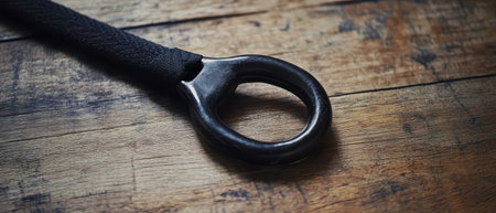 A black metal ring with a textured grip rests on a rustic wooden table showcasing its design and craftsmanship in natural light.の素材