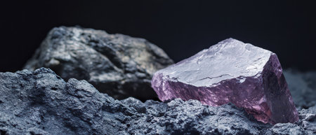 A vibrant amethyst crystal lies atop a textured dark rock surface showcasing its striking purple hues against the earthy background.の素材