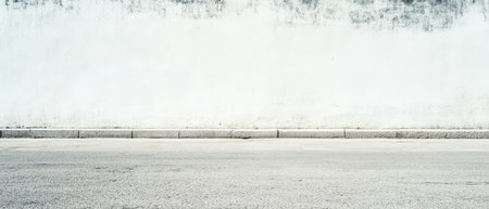A wide view of a smooth white wall beside a clean gray pavement under bright daylight. No signage or distractions.の素材