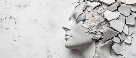 A sculptural head emerges from a cracked wall symbolizing a blend of art and decay highlighting emotional struggles and resilience.の素材