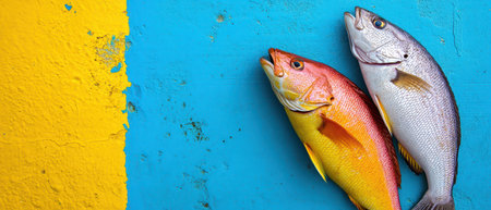 Two freshly caught fish one yellow and one silver are displayed against a textured blue and yellow background highlighting their colors.の素材