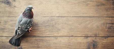 A gray and purple pigeon stands on a wooden surface showcasing its detailed feathers and calm demeanor in soft natural light.の素材
