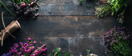 Freshly cut flowers in various colors and types are meticulously arranged on a rustic wooden table creating a vibrant and inviting display.の素材