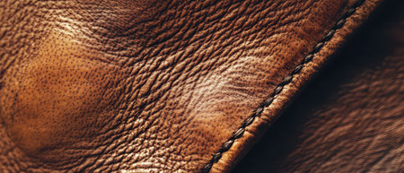 Rich brown leather displays intricate textures and stitching showcasing quality craftsmanship and durability in leather goods.の素材