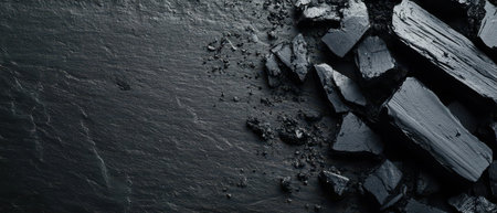 Charcoal chunks are scattered across a dark textured surface highlighting the contrast in colors and textures in an artistic arrangement.の素材