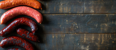 Different varieties of sausage are neatly arranged on a rustic wooden table showcasing their colors and textures in natural light.の素材