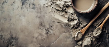 Mixing clay with tools on a textured work surface showcasing a bowl and two wooden paddles alongside dried clay remnants.の素材