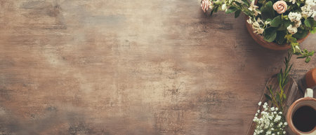 A rustic wooden table features a coffee cup beside fresh flowers in pots creating a cozy and inviting atmosphere for relaxation.の素材