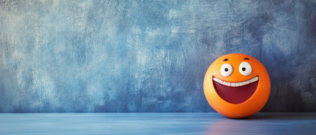 An orange ball with a smiling face rests on a wooden table near a textured blue wall. The playful expression adds a cheerful vibe to the setting.の素材