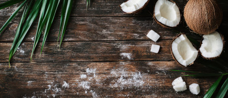 Halved coconuts and coconut pieces are arranged on a rustic wooden surface surrounded by palm leaves in a natural setting.の素材