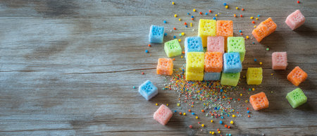 Brightly colored sugar cubes are scattered on a wooden surface with colorful sprinkles adding a festive touch to the arrangement.の素材