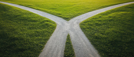 Two pathways diverge in a lush green field during sunset creating a picturesque moment of choice and reflection in nature.の素材