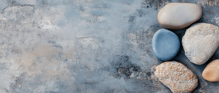 Smooth stones in various colors are neatly arranged on a textured gray surface creating a tranquil and natural aesthetic that invites relaxation.の素材