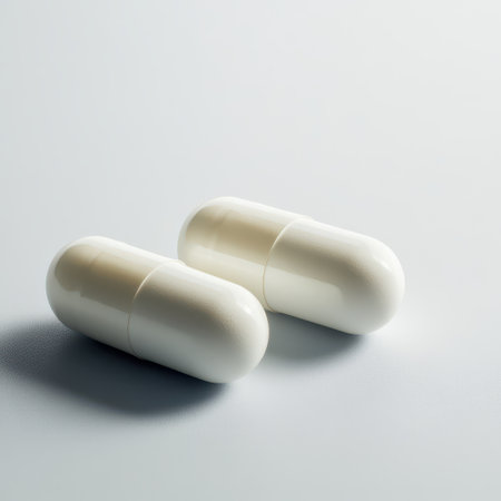 Two white capsules rest on a clean smooth surface showcasing their design and texture under soft lighting.の素材