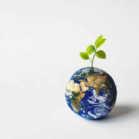 A decorative globe features a small plant sprouting from its surface illustrating the connection between the earth and environmental sustainability.の素材