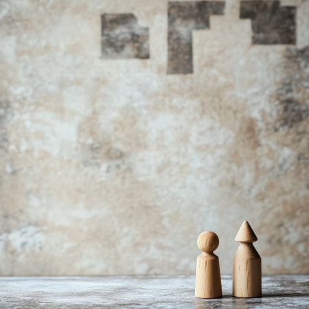 Two wooden figures are placed on a surface in front of a worn textured wall with irregular patches.の素材
