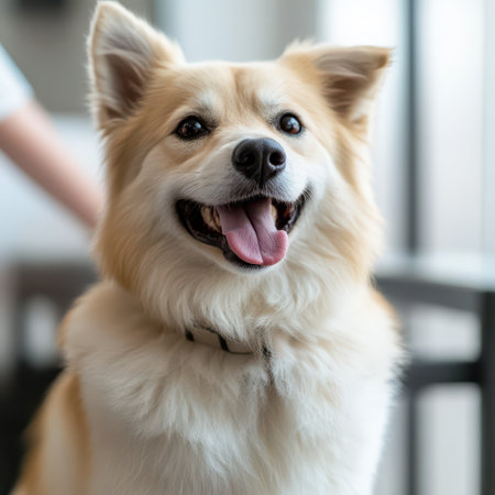 A cheerful dog with fluffy fur and a big smile sits indoors showcasing its playful nature and friendly demeanor in a cozy setting.の素材