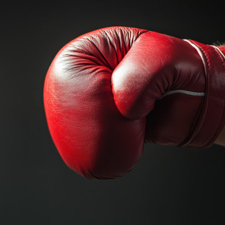 A striking red boxing glove is prominently displayed against a dark background highlighting its texture and readiness for a match.の素材