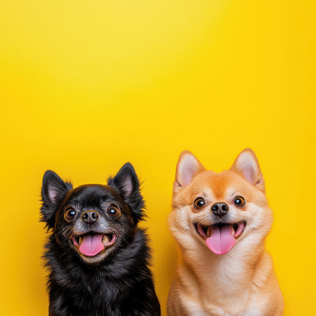 Two cheerful dogs with vibrant fur sit side by side against a bright yellow background showcasing their playful personalities and happy expressions.の素材