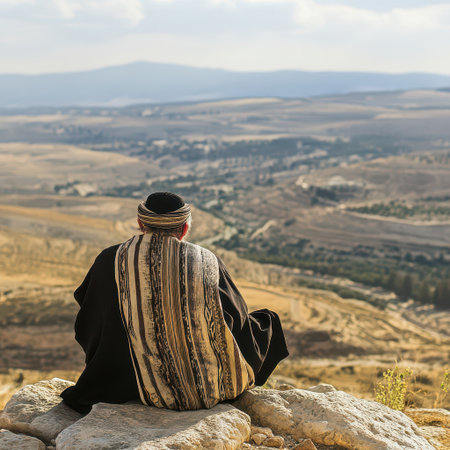 A person wearing traditional attire sits on rocks gazing at a vast picturesque landscape of rolling hills and valleys under a blue sky.の素材