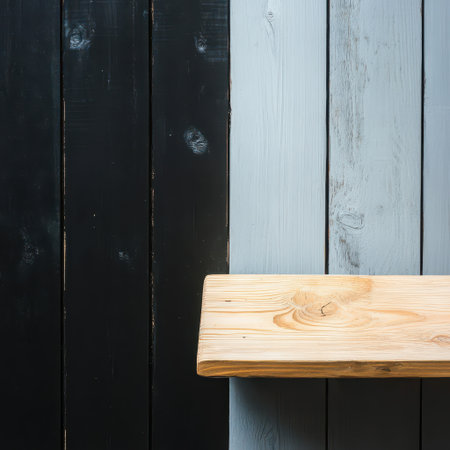A wood shelf is mounted against a backdrop of black and gray wooden planks creating a minimalistic and stylish appearance indoors.の素材