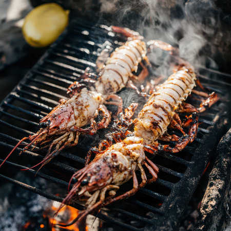 Two fresh lobsters are being grilled surrounded by smoke and heat while a bright lemon sits nearby adding flavor to the scene.の素材